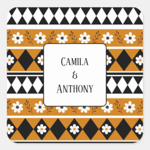Border Stripe Flower Diamond Boho Floral Pattern Square Sticker