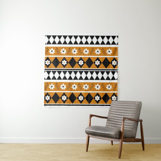 Border Stripe Flower Diamond Boho Floral Pattern Tapestry (In Situ)