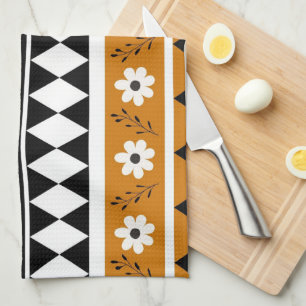 Border Stripe Flower Diamond Boho Floral Pattern Tea Towel