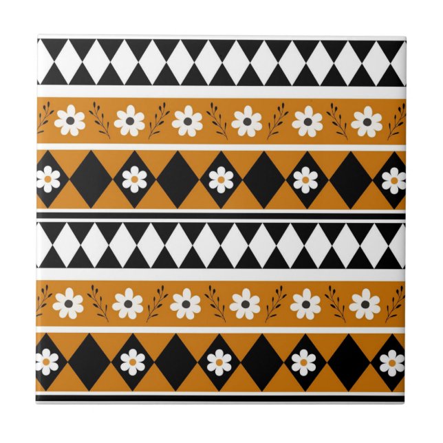 Border Stripe Flower Diamond Boho Floral Pattern Tile (Front)