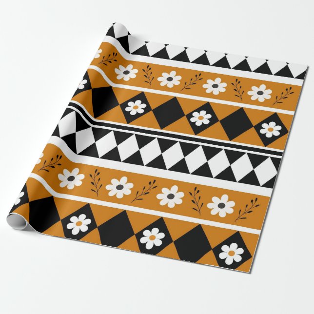 Border Stripe Flower Diamond Boho Floral Pattern Wrapping Paper (Unrolled)