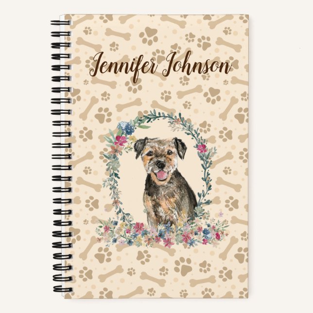 Border Terrier Dog Paw Print & Floral Cute Notebook (Front)