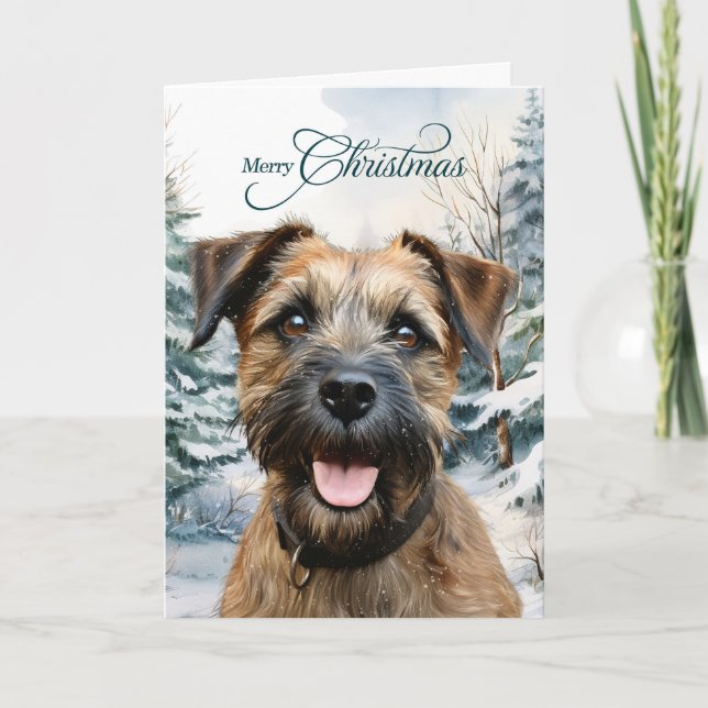Border Terrier Dog Woodland Forest Christmas Holiday Card (Front)
