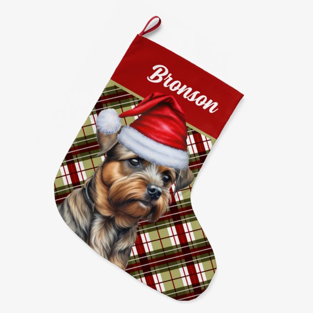 Border Terrier Holiday Plaid and Dogs Name Large Christmas Stocking (Front (Hanging))