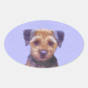 Border Terrier Painting - Cute Original Dog Art Oval Sticker