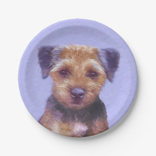 Border Terrier Painting - Cute Original Dog Art Paper Plate