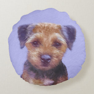 Border Terrier Painting - Cute Original Dog Art Round Cushion