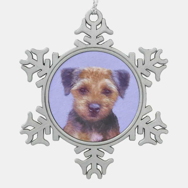Border Terrier Painting - Cute Original Dog Art Snowflake Pewter Christmas Ornament (Front)