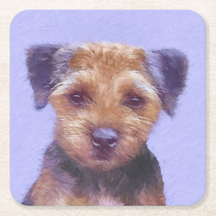 Border Terrier Painting - Cute Original Dog Art Square Paper Coaster