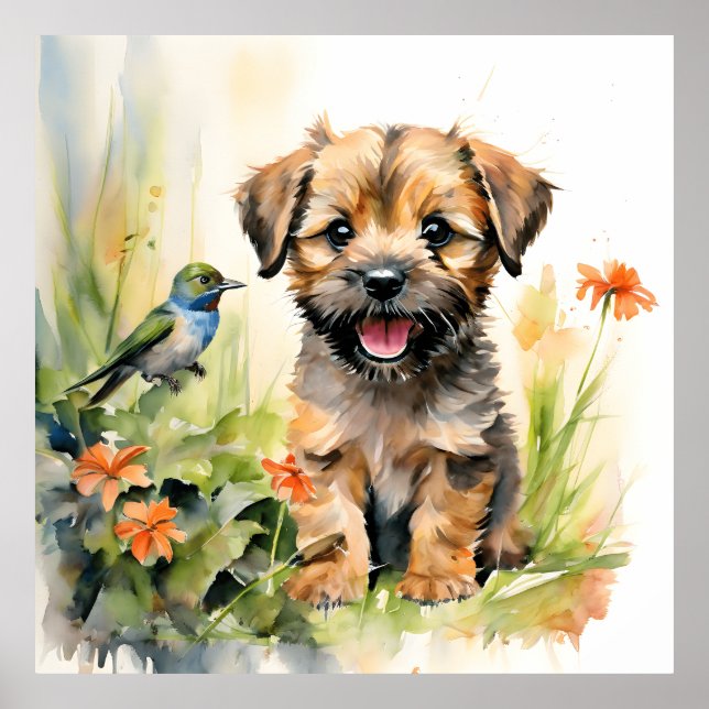 Border Terrier Puppy with Hummingbird  Poster (Front)