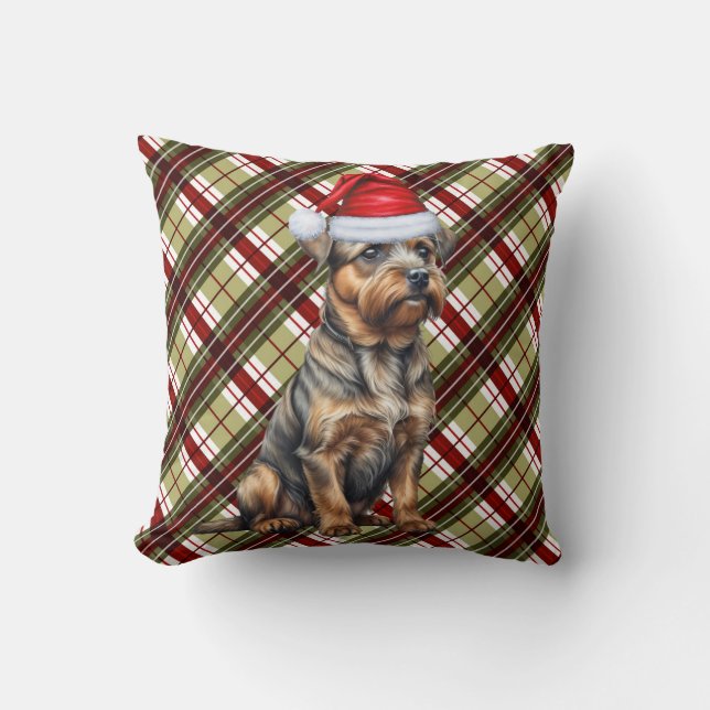 Border Terrier Red Green Plaid Christmas Dog Cushion (Front)
