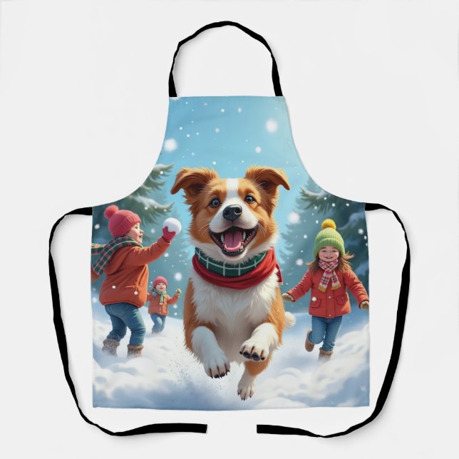 Border Terrier Snowball Fight Christmas Painting Apron (Front)