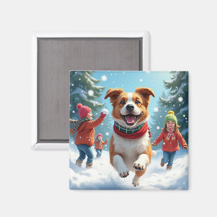 Border Terrier Snowball Fight Christmas Painting Magnet