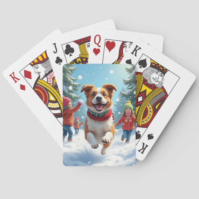 Border Terrier Snowball Fight Christmas Painting Playing Cards (Back)