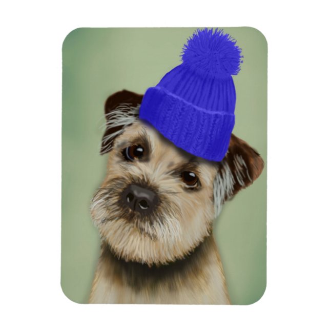 Border Terrier with Blue Bobble Hat Magnet (Vertical)