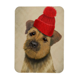 Border Terrier with Red Bobble Hat Magnet