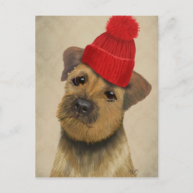 Border Terrier with Red Bobble Hat Postcard (Front)