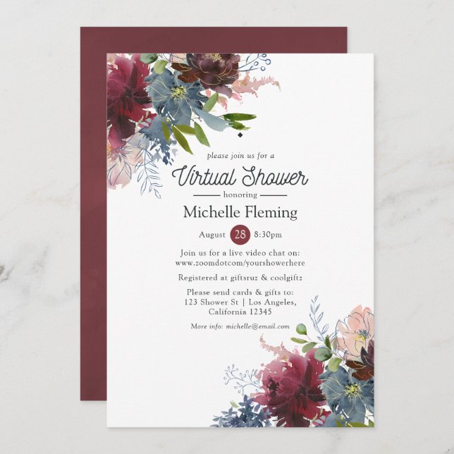 Bordo and Navy Floral Virtual Bridal Shower Invitation (Front/Back)