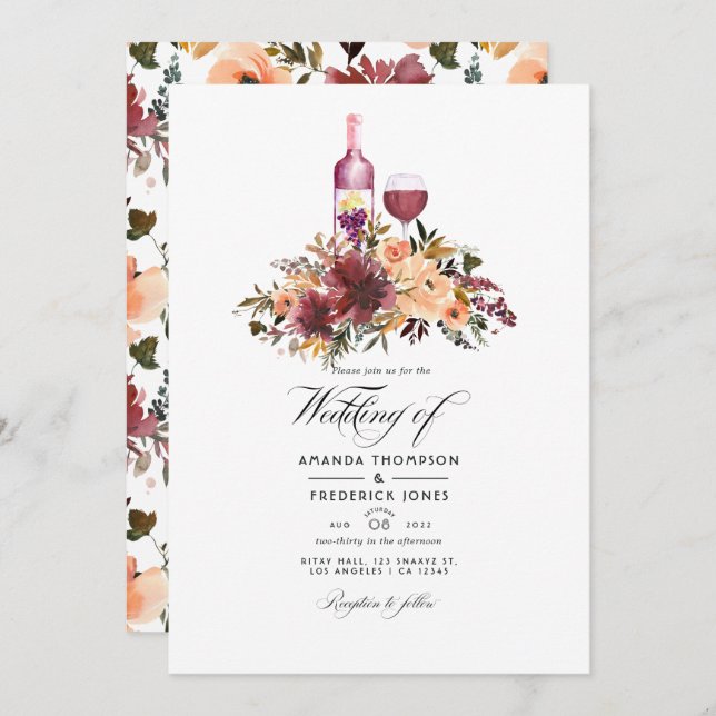 Bordo Peach Floral Wine Tasting Wedding Photo Invitation (Front/Back)