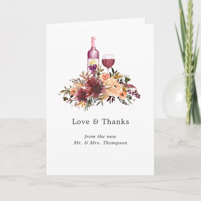 Bordo Peach Floral Wine Wedding Photo Thank You Card (Front)