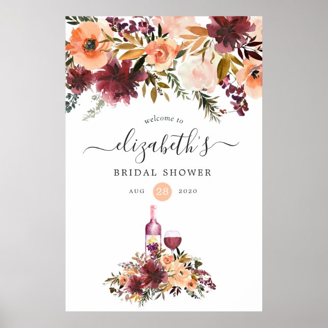 Bordo Peach Wine Tasting Bridal Shower Welcome Poster (Front)