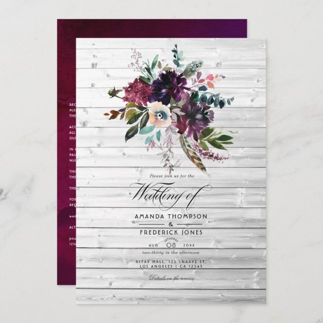 Bordo Violet Plum Floral Rustic Bohemian Wedding Invitation (Front/Back)
