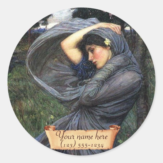 "Boreas" J. W. Waterhouse Pre-Raphaelite Bookplate Classic Round Sticker (Front)