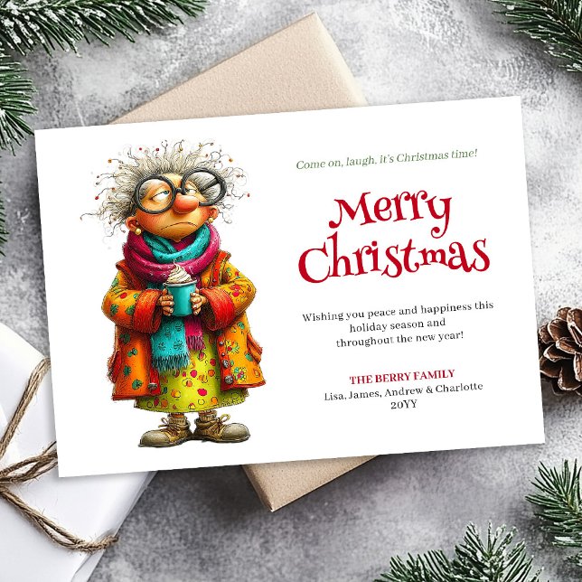 Bored funny quirky comic woman Christmas card (Bored funny quirky comic woman Christmas card)