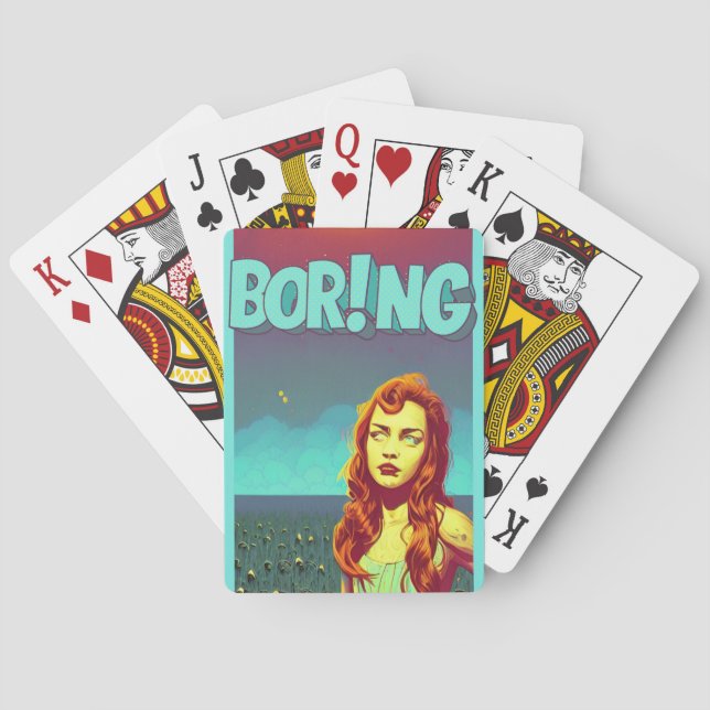Boring pop art redhead woman  trifold wallet playing cards (Back)