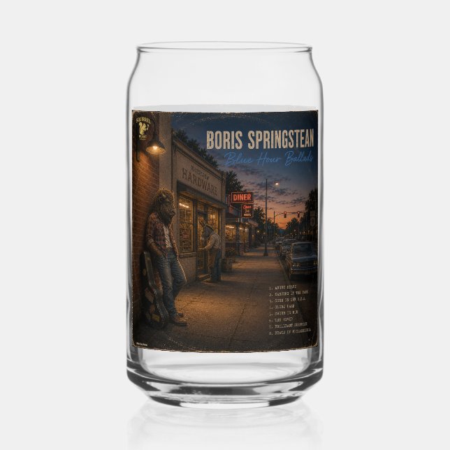 Boris Springstean: a Parody Can Glass (Front)