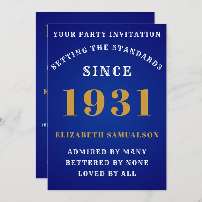 Born 1931 90th Birthday Love Add Your Name Blue Invitation (Front/Back)