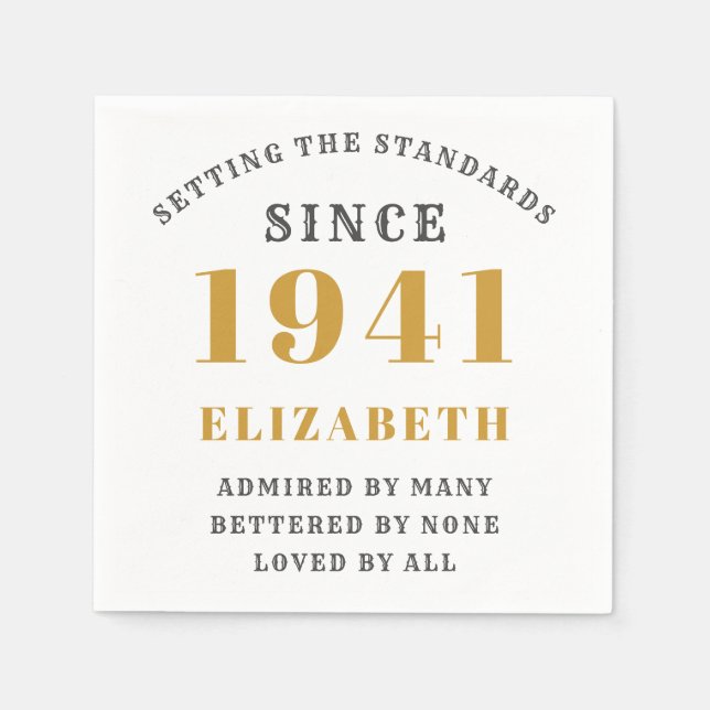 Born 1941 80th Birthday Fully Editable Gold Grey Napkin (Front)