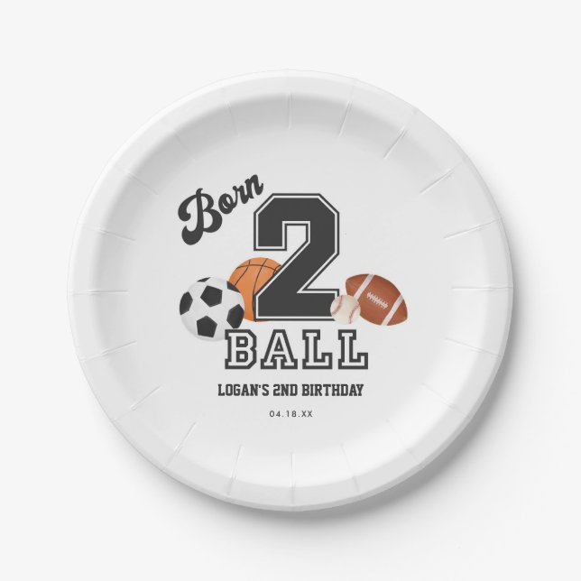 Born 2 Ball Sport Theme Boy Second Birthday Party Paper Plate (Front)