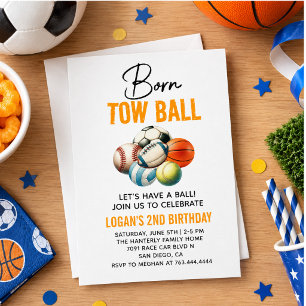 Born 2 Ball Sport Themed Boy 2nd Birthday Party Invitation