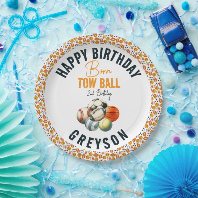 Born 2 Ball Sport Themed Boy 2nd Birthday Party Paper Plate (Party)