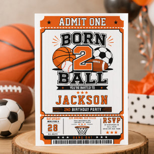 Born 2 Ball Sports Boy 2nd Birthday party Invitation