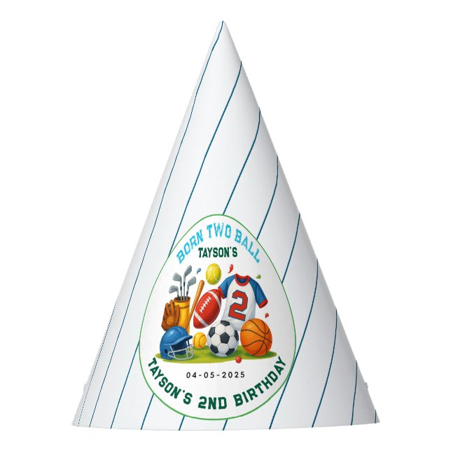 Born 2 Ball – Sports Theme Boy’s 2nd Birthday Party Hat (Front)