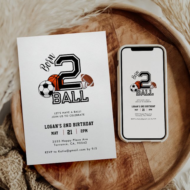 Born 2 Ball Sports Theme Boy’s 2nd Birthday Party Invitation (Creator Uploaded)