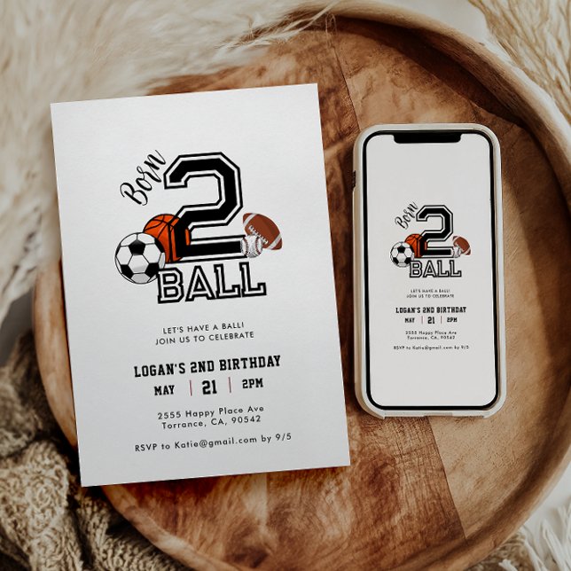Born 2 Ball Sports Theme Boy’s 2nd Birthday Party Invitation (Creator Uploaded)
