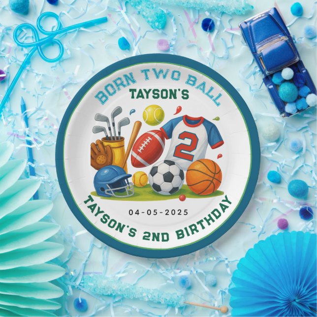 Born 2 Ball Sports Theme Boy’s 2nd Birthday Party Paper Plate (Party)