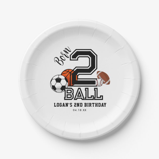 Born 2 Ball Sports Theme Boy’s 2nd Birthday Party Paper Plate (Front)