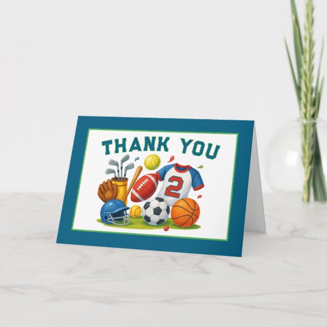 Born 2 Ball – Sports Theme Boy’s 2nd Birthday Thank You Card (Front)
