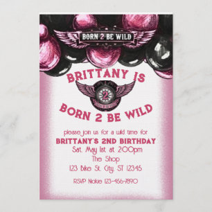 Born 2 Be Wild Pink, Black Motorcycle 2nd Birthday Invitation