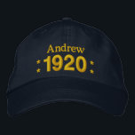 Born in 1920 or Any Year 90th Birthday V07 NAVY Embroidered Hat<br><div class="desc">Born in 1920 or Any Year 90th Birthday V07 NAVY BLUE Hat GOLD Embroidery with STARS Fun birthday hat that you can personalise with a sentiment, name, and year. All text is customisable, so also suitable for a 90 91 92 93 94 95 96 97 98 99 or any other...</div>