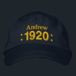 Born in 1920 or Any Year 90th Birthday V07 NAVY Embroidered Hat<br><div class="desc">Born in 1920 or Any Year 90th Birthday V07 NAVY BLUE Hat GOLD Embroidery with STARS Fun birthday hat that you can personalise with a sentiment, name, and year. All text is customisable, so also suitable for a 90 91 92 93 94 95 96 97 98 99 or any other...</div>