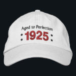 Born in 1925 AGED TO PERFECTION 90th Birthday V2B Embroidered Hat<br><div class="desc">Born in 1925 AGED TO PERFECTION 90th Birthday V2B WHITE Hat RED and BLACK Embroidery with STARS. Click link to see more birthday t-shirts, mugs, magnets and more! Know somebody born in 1925? Fun birthday hat that you can personalise with a sentiment or name, and year. All text is totally...</div>