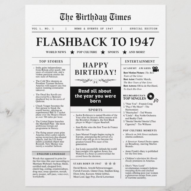 Born in 1947 Mock Newspaper Black and White (Front)