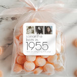 Born in 1955 3 Photos 70th Birthday Party Thanks Square Sticker<br><div class="desc">Born in 1955 3 Photos 70th Birthday Party Thank You  Simple elegance. Easily personalise the text to your own requirements and replace the sample images with 3 of your own photos of different ages.</div>