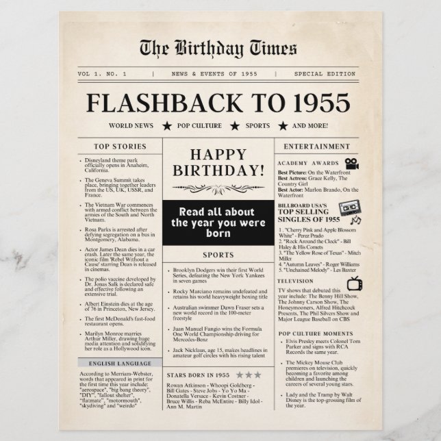 Born in 1955 Mock Newspaper (Front)