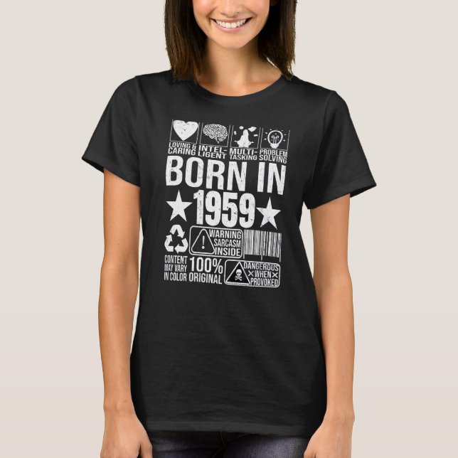Born In 1959 Content Warning Label Barcode Birthda T-Shirt (Front)